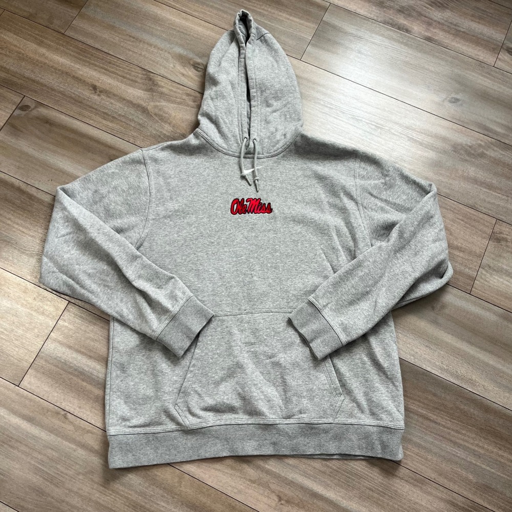 Nike Ole Miss Rebels Hoodie Mens Large Grey Center Swoosh Pullover Sweatshirt